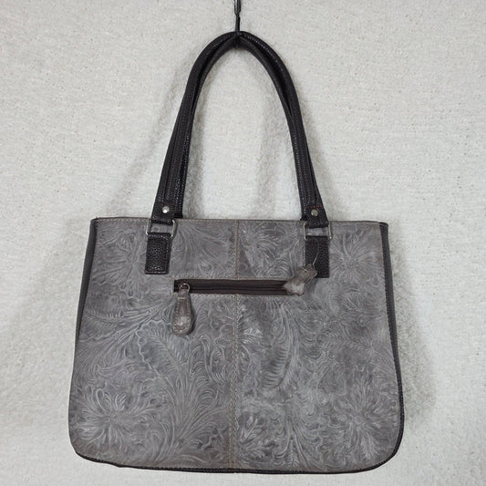 Mexican Floral Embossed Distressed Dusty Mocha Leather Tote Bag with Front Pocket