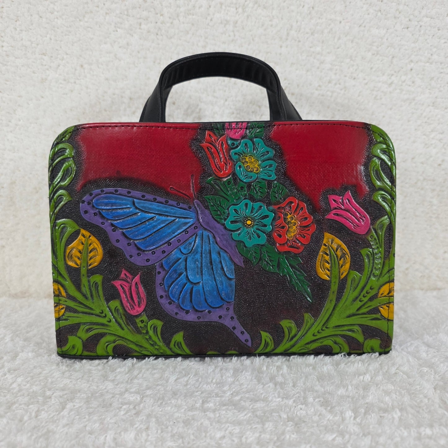 Red & Black Butterfly Floral Embossed & Hand Painted Mexican Vegan Leather Crossbody Handbag