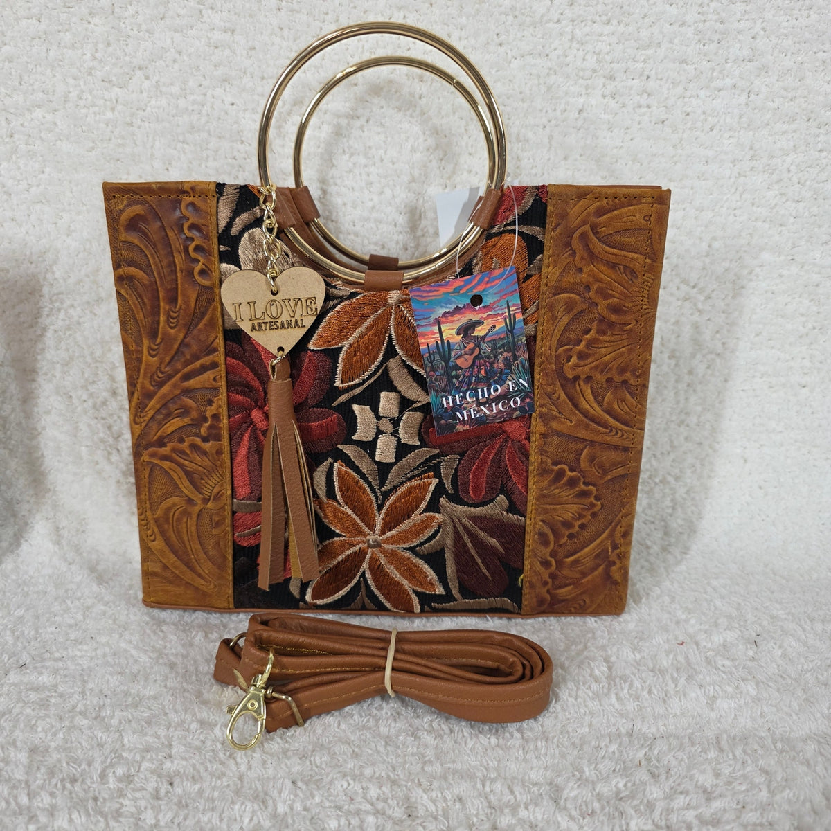 Mexican Chiapas Loom Honey Brown Tooled Leather Bag with Gold Tone Ring Handles
