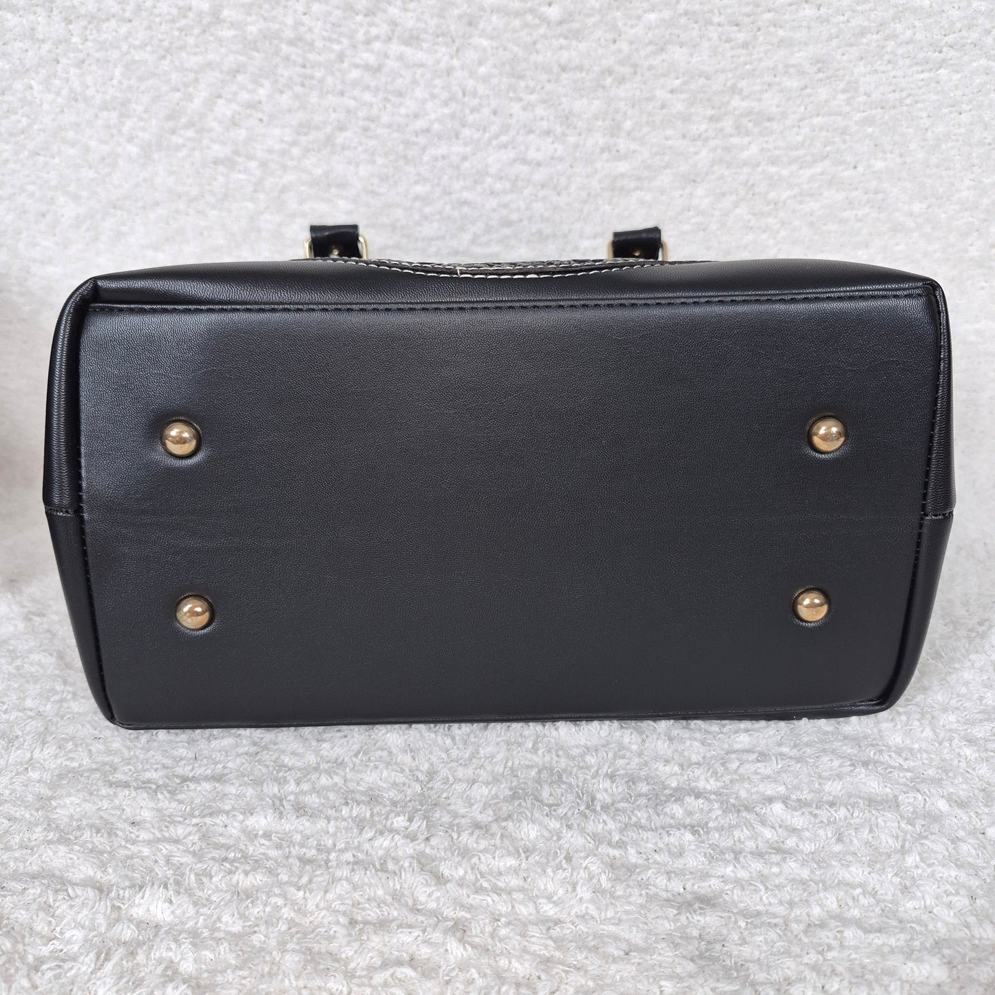 Handcrafted Mexican Black Vegan Leather Trapezoid Handbag with Embossed Aztec Calendar