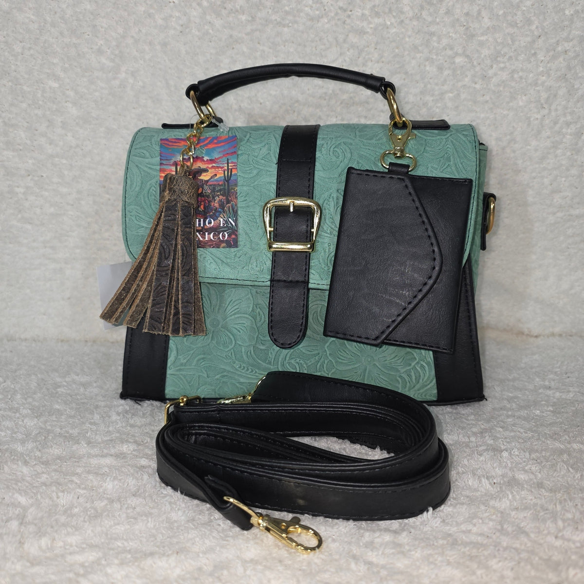 Handcrafted Mexican Floral Embossed Mint Green Genuine Leather Top-Handle Bag