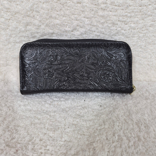 Black Floral Embossed Leather Flap Closure Wallet