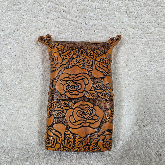 Honey Brown Roses Embossed Leather Cell Phone Bag - Handcrafted in Mexico
