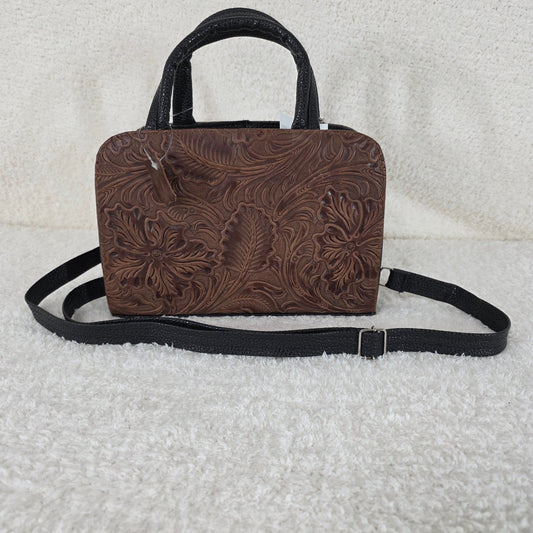 Brown & Black Floral Embossed Leather & Vegan Leather Crossbody Bag