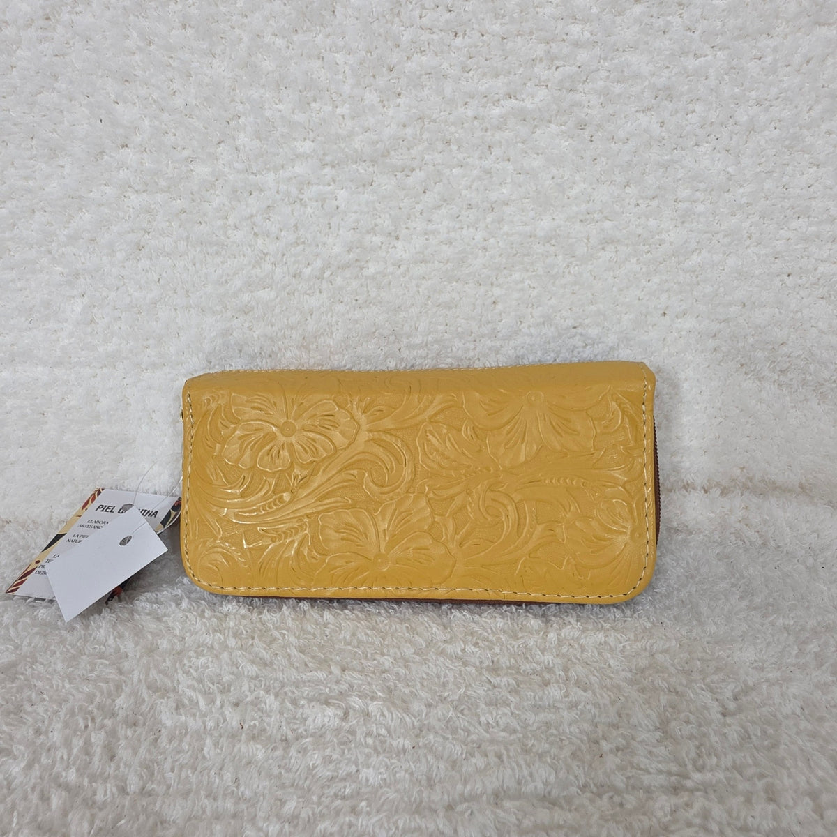 Yellow Floral Embossed & Chiapas Loom Leather Double Zip Wallet