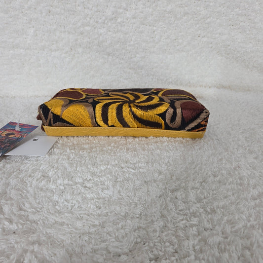 Yellow Floral Embossed & Chiapas Loom Leather Double Zip Wallet