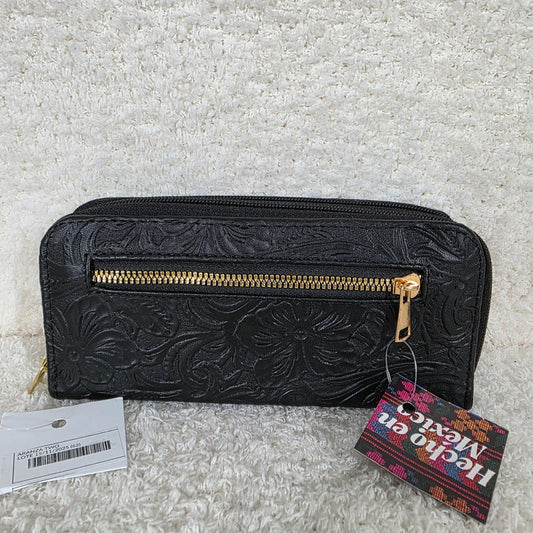Black Floral Embossed Leather Double Zip Wallet