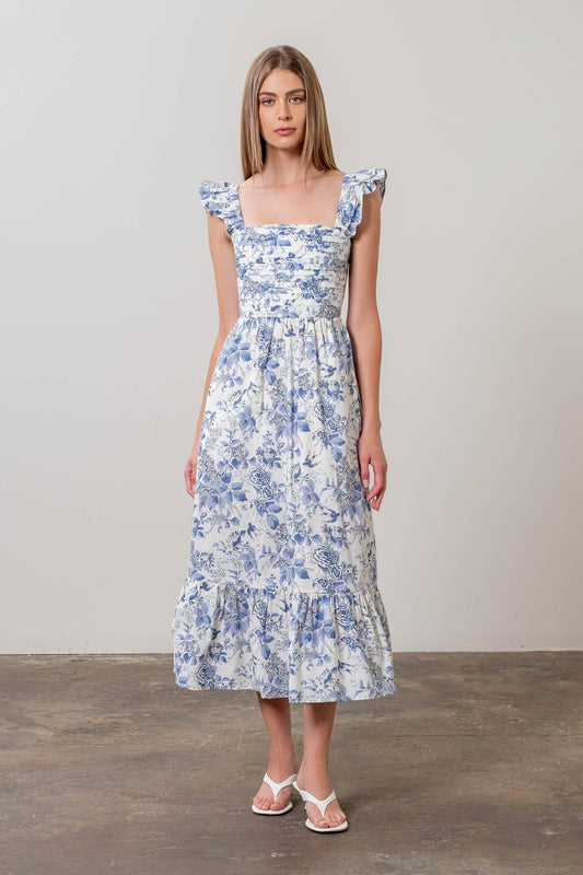Moon River Ivory & Blue Toile Floral Front Pleating Ruffle Sleeve Midi Dress