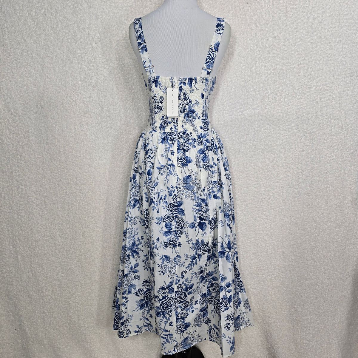 Moon River Ivory & Blue Toile Floral Sleeveless Corset Midi Dress