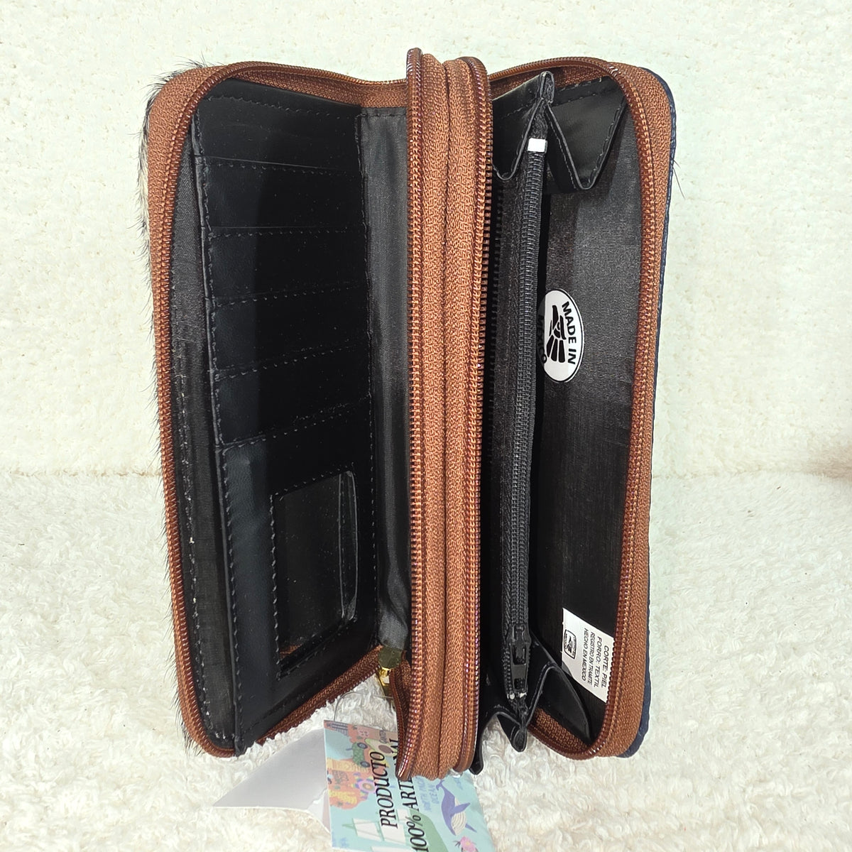 Blue Floral Embossed & Cowhide Hair-On Leather Double Zip Wallet