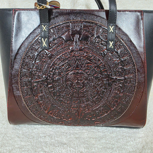 Aztec Calendar Mexican Handmade Faux Black Leather Tote Bag