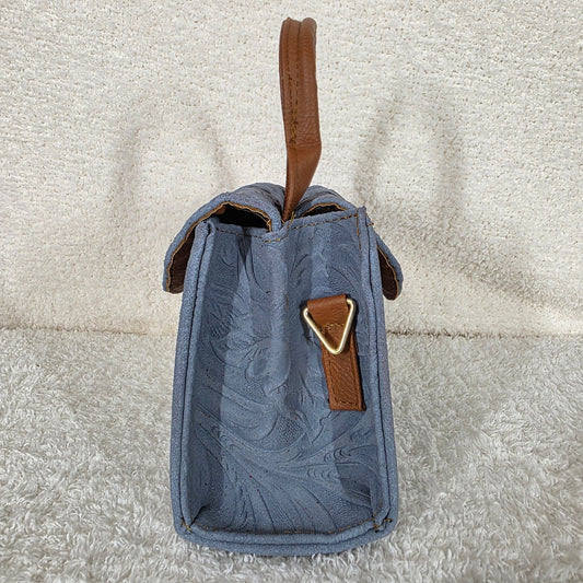 Light Blue Floral Embossed Patent Leather Mini Bag with Detable Strap