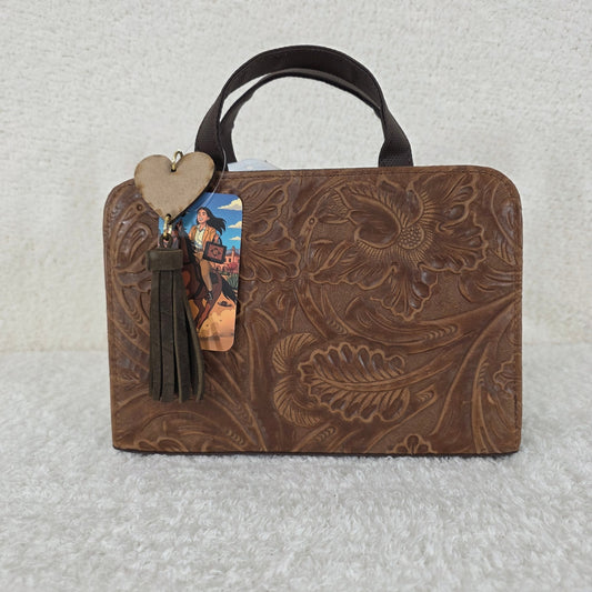 Honey Brown Floral Embossed Leather & Vegan Leather Crossbody Bag