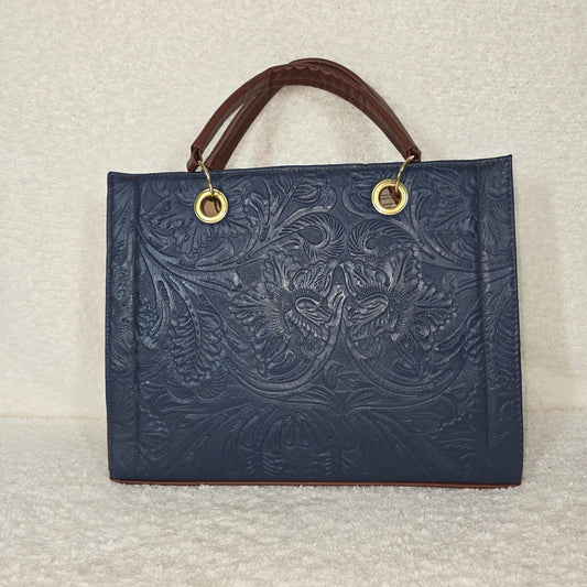 Handmade Blue Floral Embossed & Painted Leather Satchel