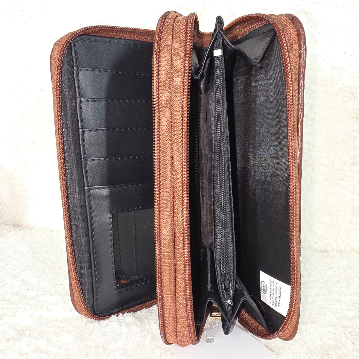 Brown Floral Embossed Leather Double Zip Wallet