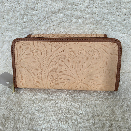 Light Peach Floral Embossed Leather Convertible Wallet Crossbody with Brown Trim