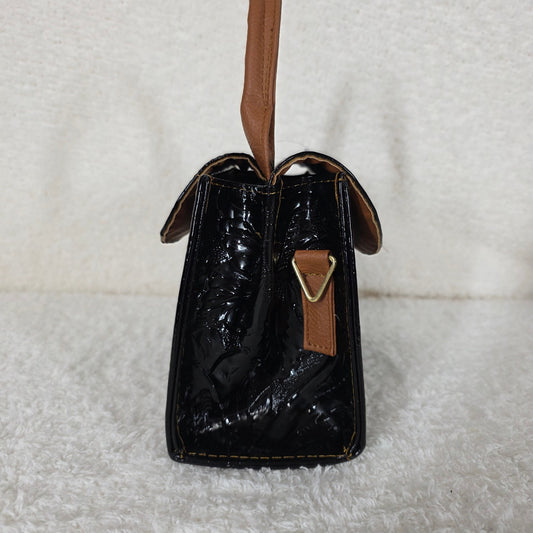 Black Floral Embossed Patent Leather Mini Bag with Detable Strap
