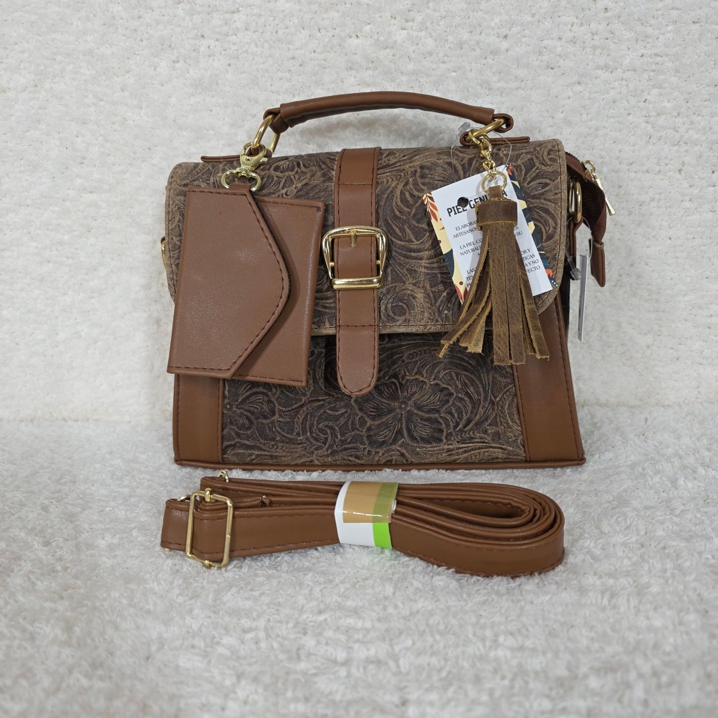 Handcrafted Mexican Floral Embossed Vintage Brown Genuine Leather Top-Handle Bag