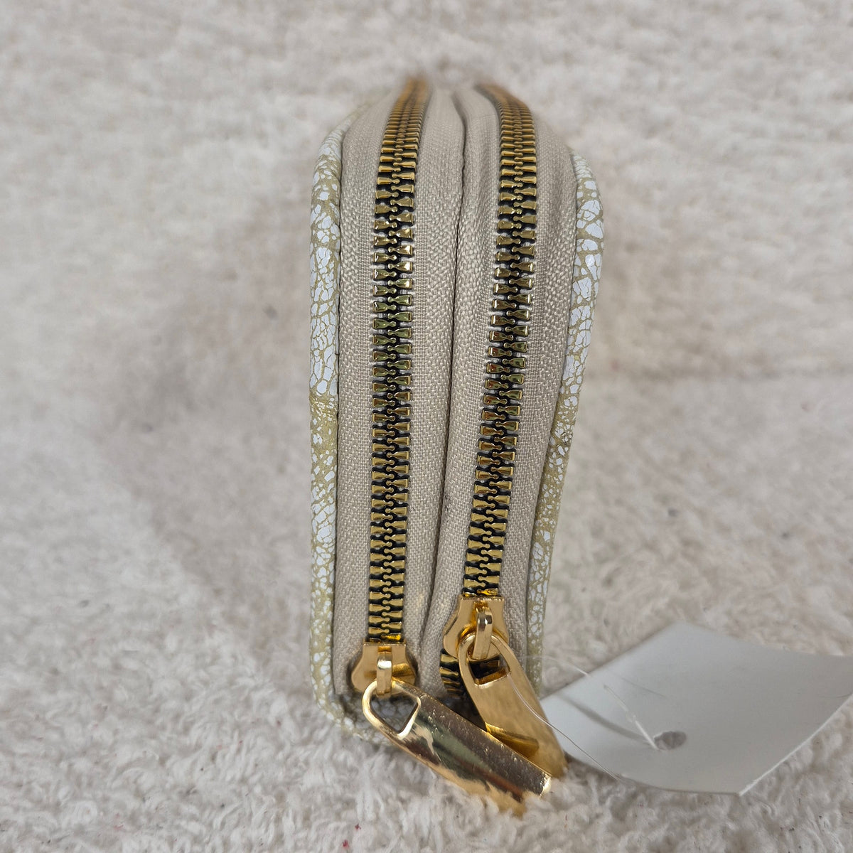 Cream Gold Crackle Leather Double Zip Bifold Wallet | Handmade in Mexico