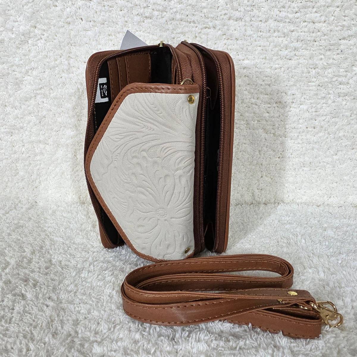 Stone Gray Floral Embossed Leather Convertible Wallet Crossbody with Brown Trim