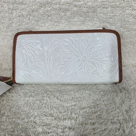 White Floral Embossed Leather Convertible Wallet Crossbody with Brown Trim