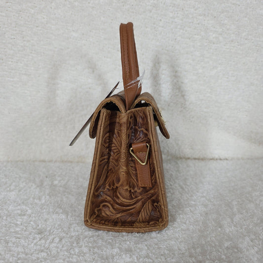 Light Brown Floral Embossed Leather Mini Bag with Detachable Strap