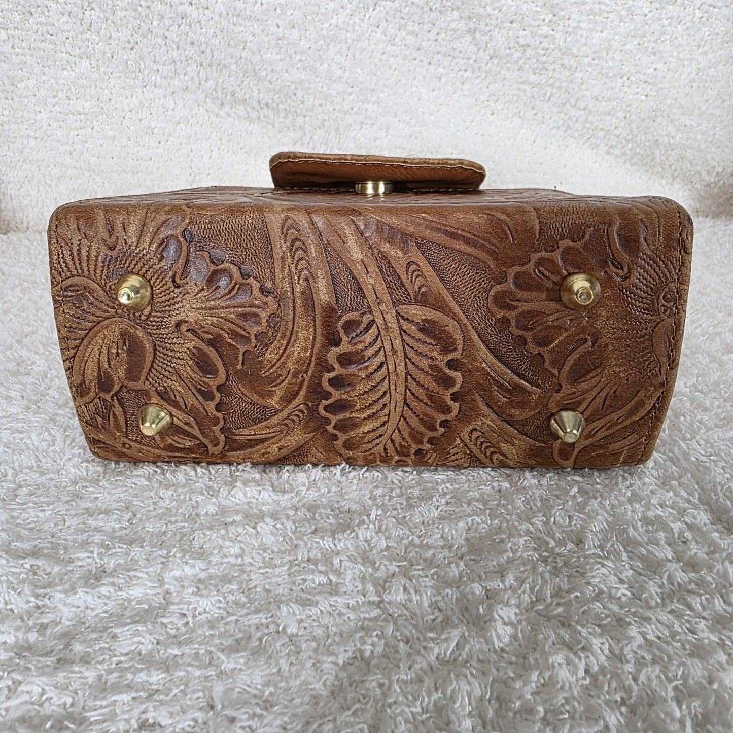 Light Brown Floral Embossed Leather Mini Bag with Detachable Strap