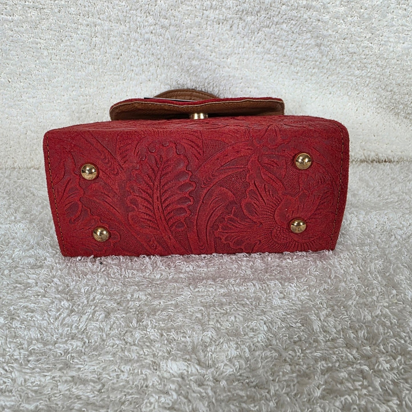 Red Floral Embossed Leather Mini Bag with Detachable Strap