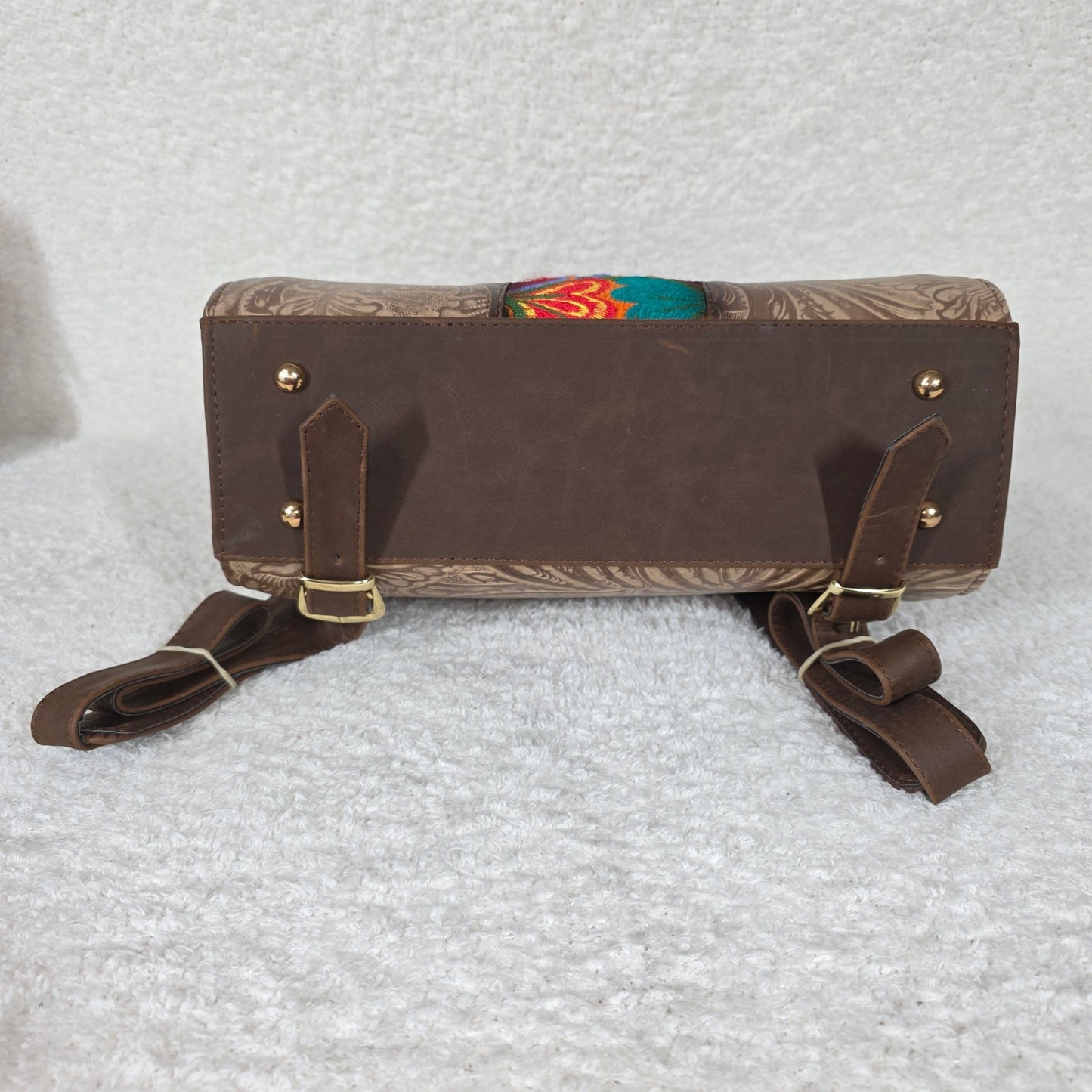 Artisanal Embroidered Chiapas Loom & Embossed Tan Vegan Leather Backpack