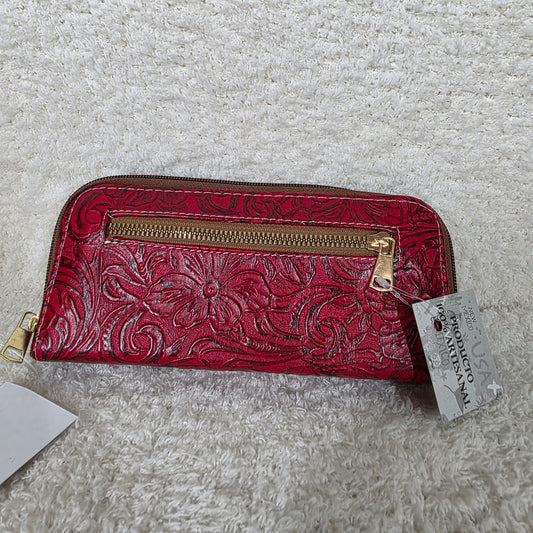 Red Floral Embossed Leather Double Zip Wallet