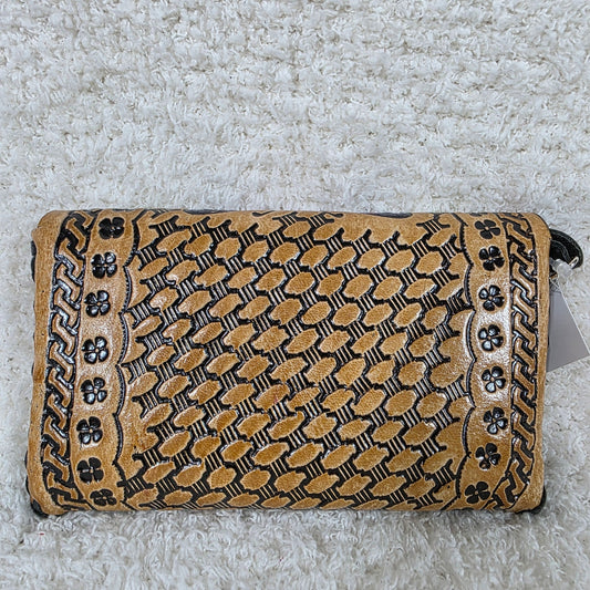 Mexican Hand-Tooled Leather Butterflies & Red Alcatraz Calla Lily Flowers Tan Clutch Wristlet Bag