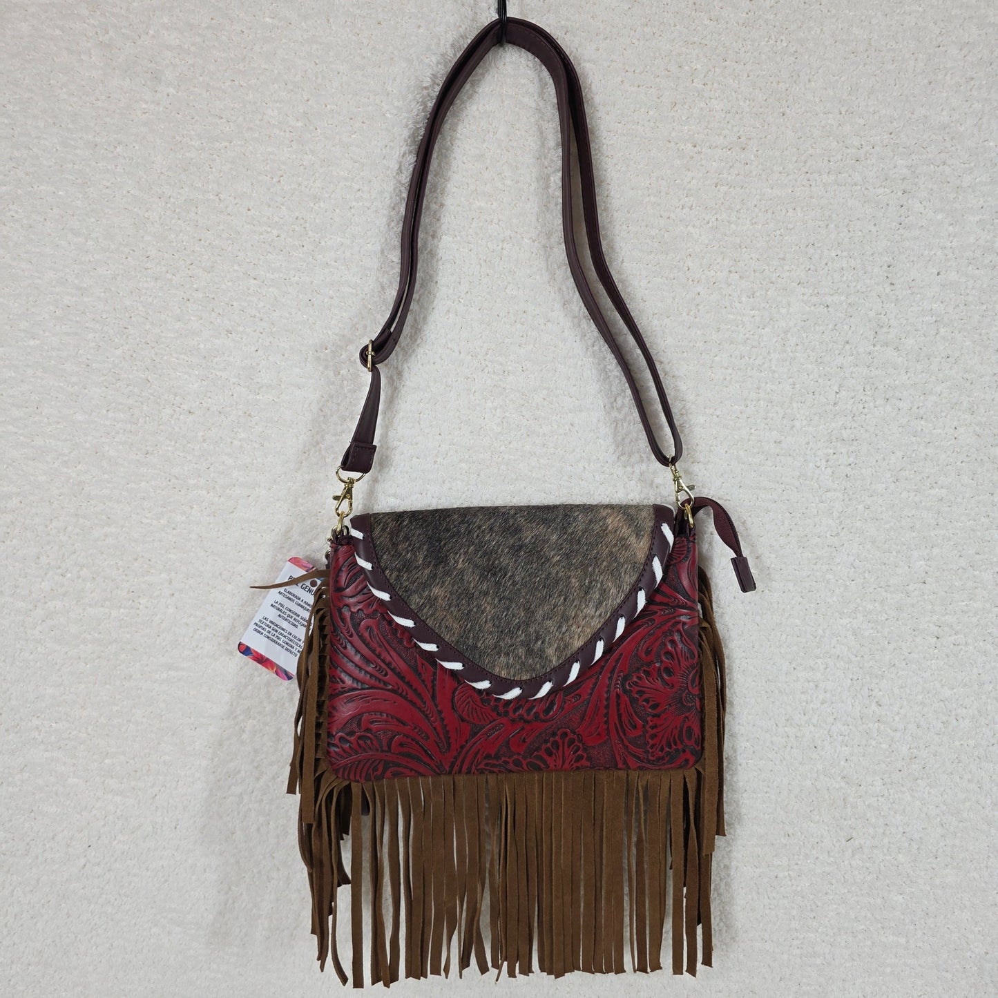 Mexican Red Floral Embossed Tooled Leather & Cowhide Fringe Crossbody Bag