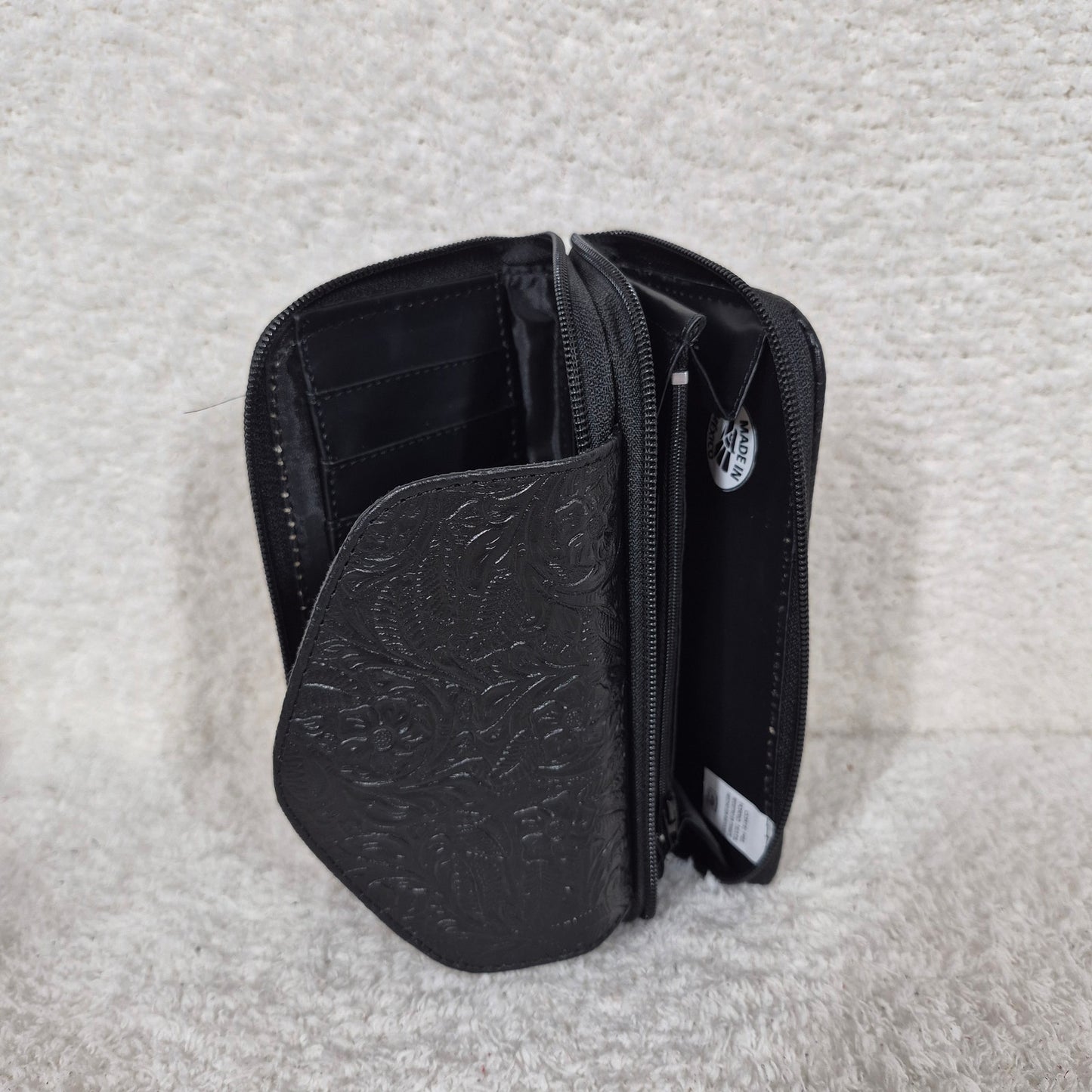 Black Floral Embossed Leather Flap Closure Wallet