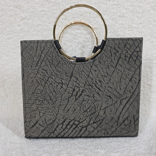 Handcrafted Mexican Distressed Gray Leather Handbag with Gold-Tone Ring Handles