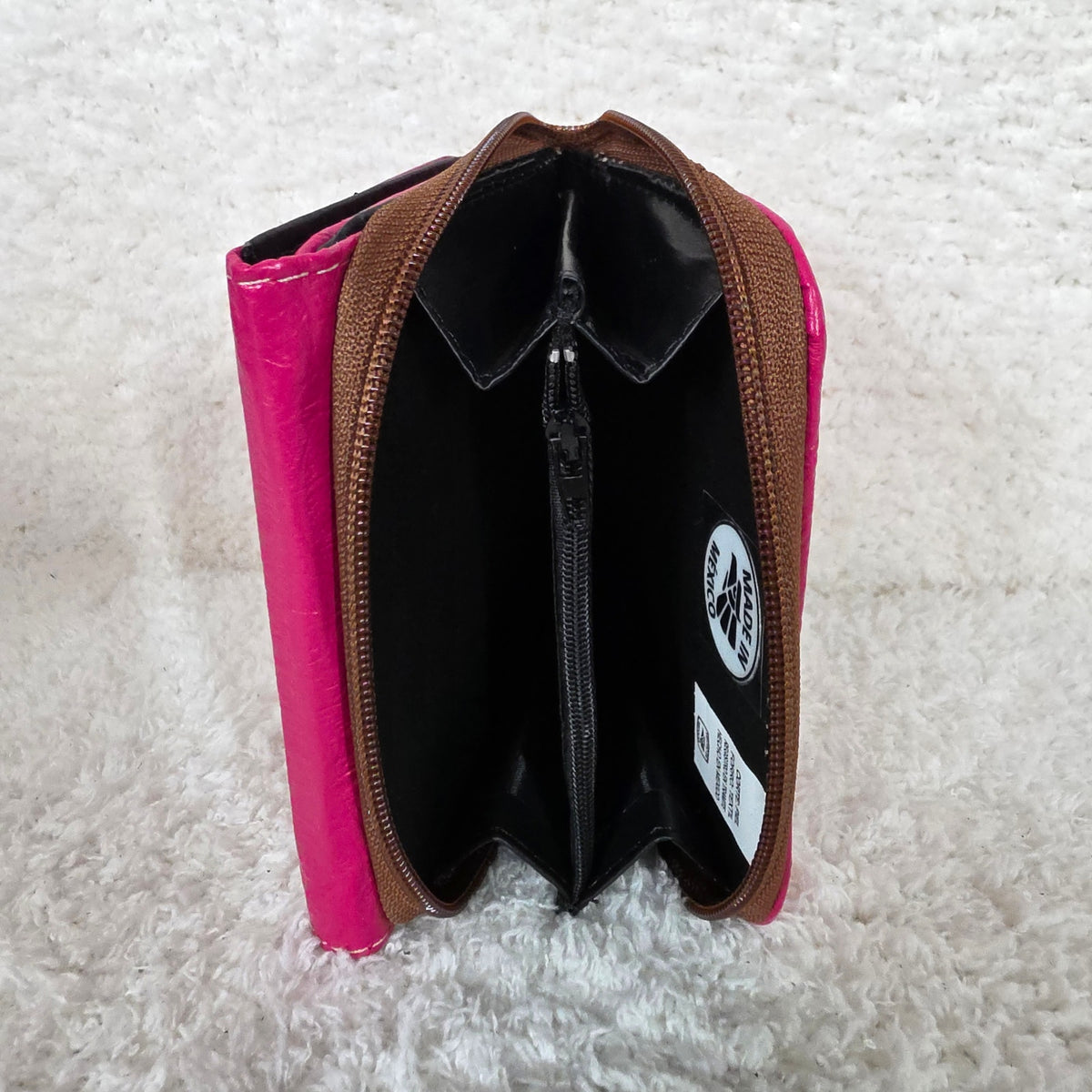 Vibrant Pink Floral Embossed Leather Trifold Wallet with Back Zip Compartment