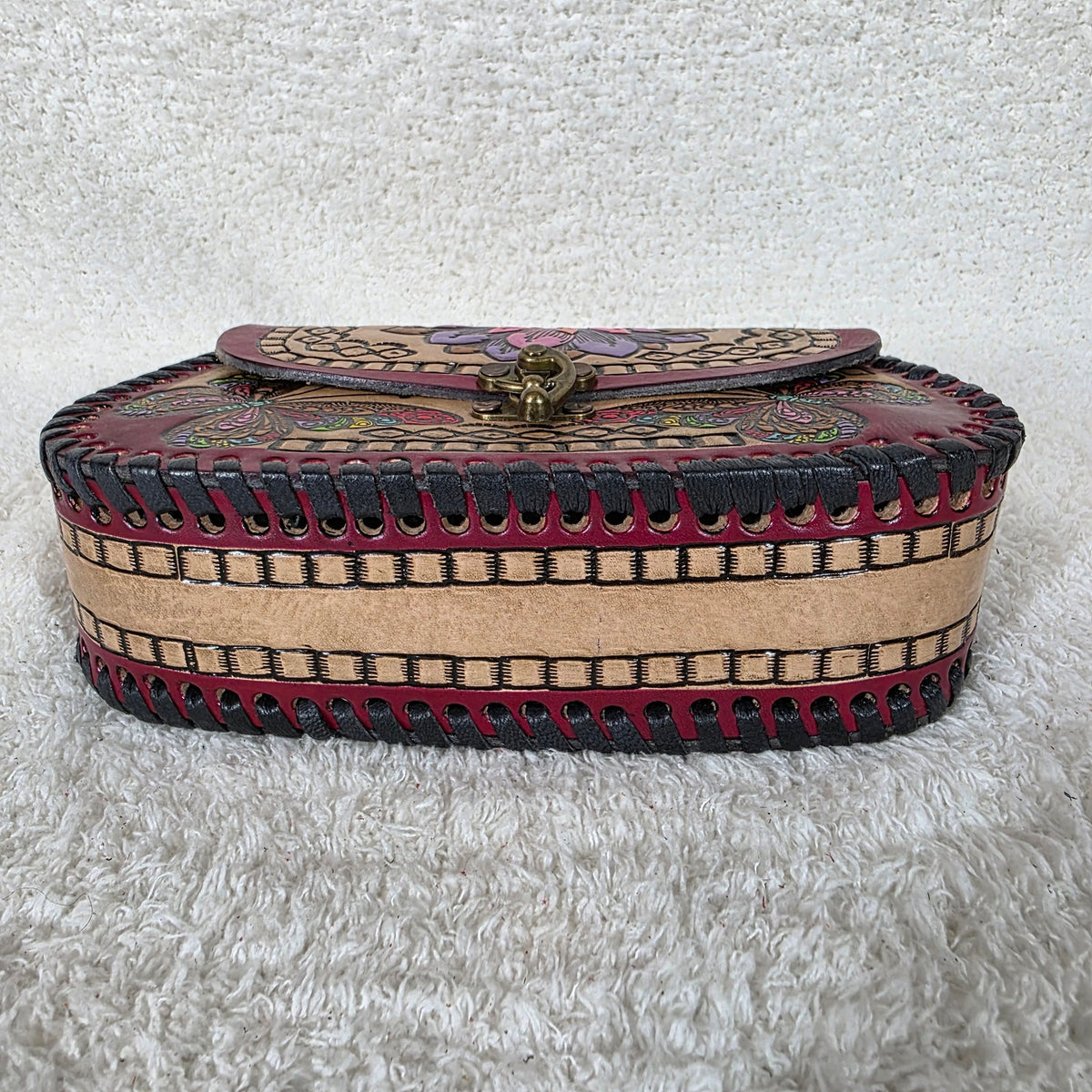 Mexican Hand-Tooled Leather Flower & Butterflies Tan Crossbody Bag with Burgundy Border