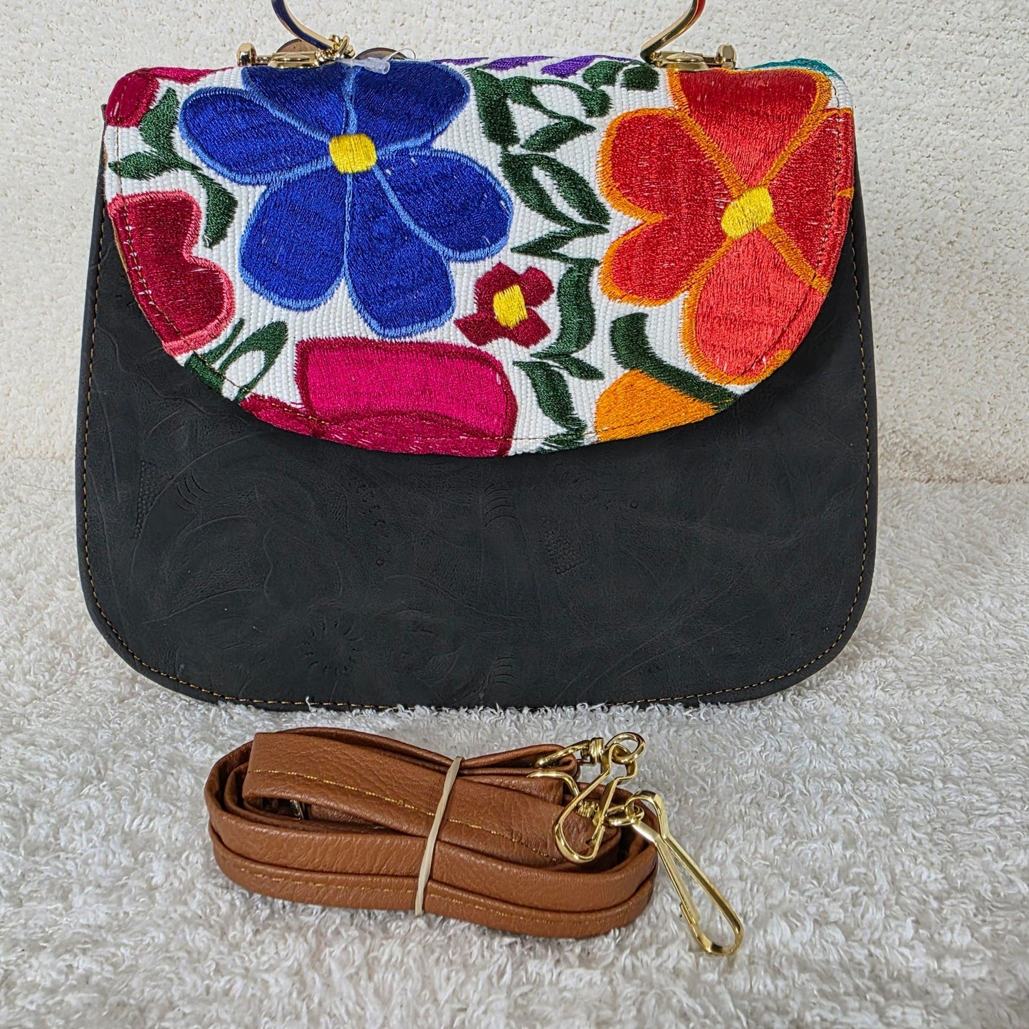 Handcrafted Mexican Matte Black Floral Embossed Vegan Leather Handbag with Chiapas Loom Flap & Gold-Tone Metal Handle