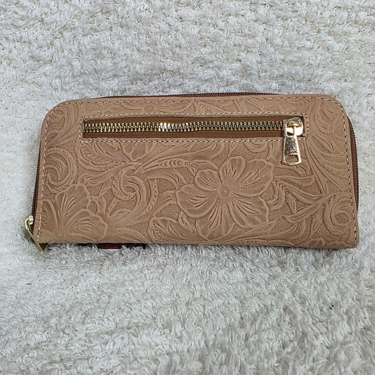Beige Floral Embossed Leather Bifold Wallet with Zip Compartments & Mirror
