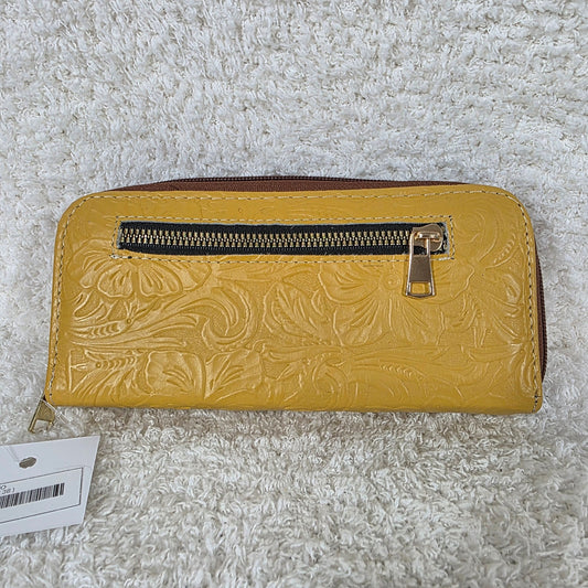 Yellow Floral Embossed Leather Double Zip Wallet