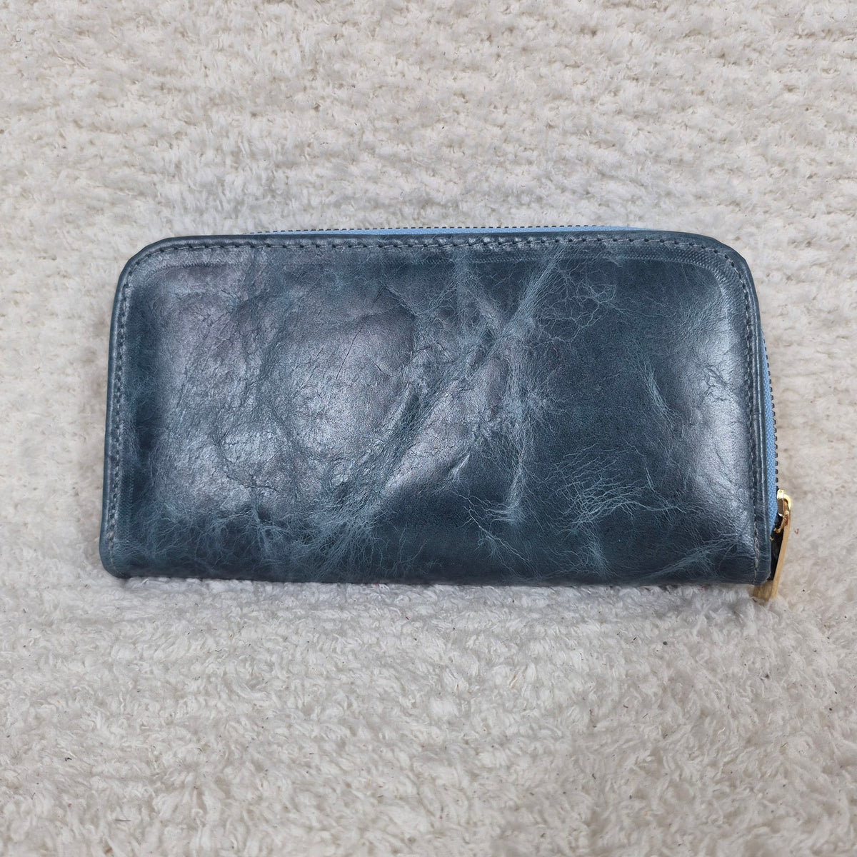 Steel Blue Leather Double Zip Bifold Wallet | Handmade in Mexico