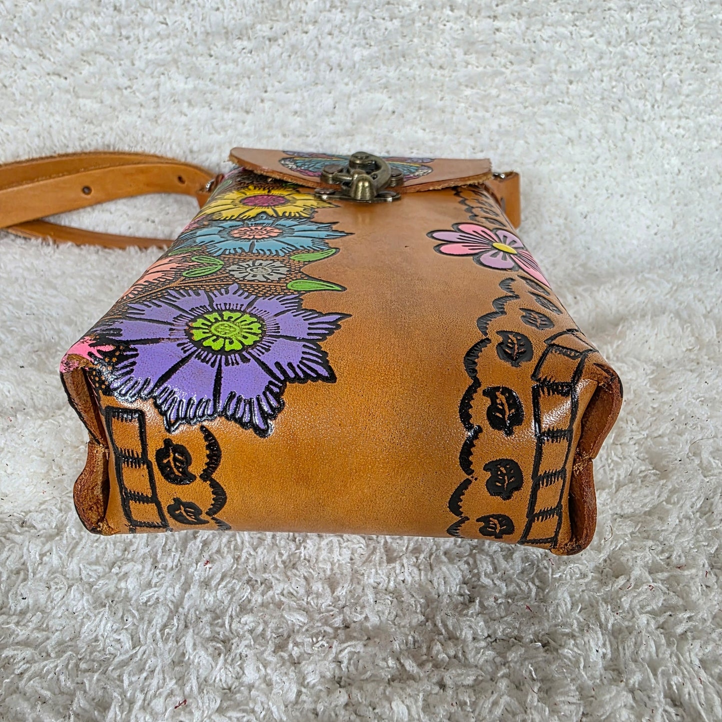 Honey Brown Hand Painted Floral Embossed Leather Cell Phone Bag Made in Mexico