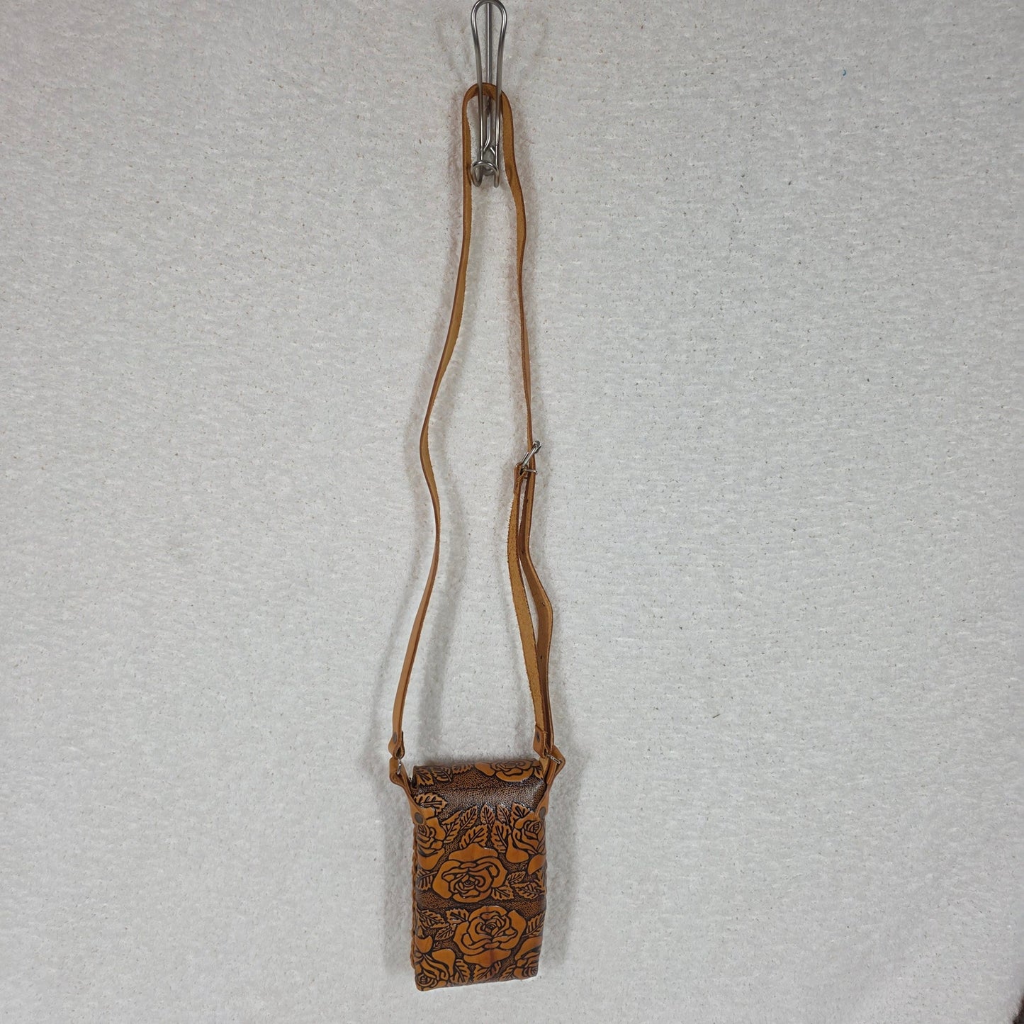 Honey Brown Roses Embossed Leather Cell Phone Bag - Handcrafted in Mexico
