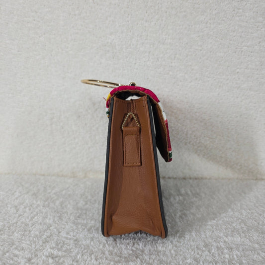 Chiapas Loom Detail Vegan Leather Handbag with Metal Handle