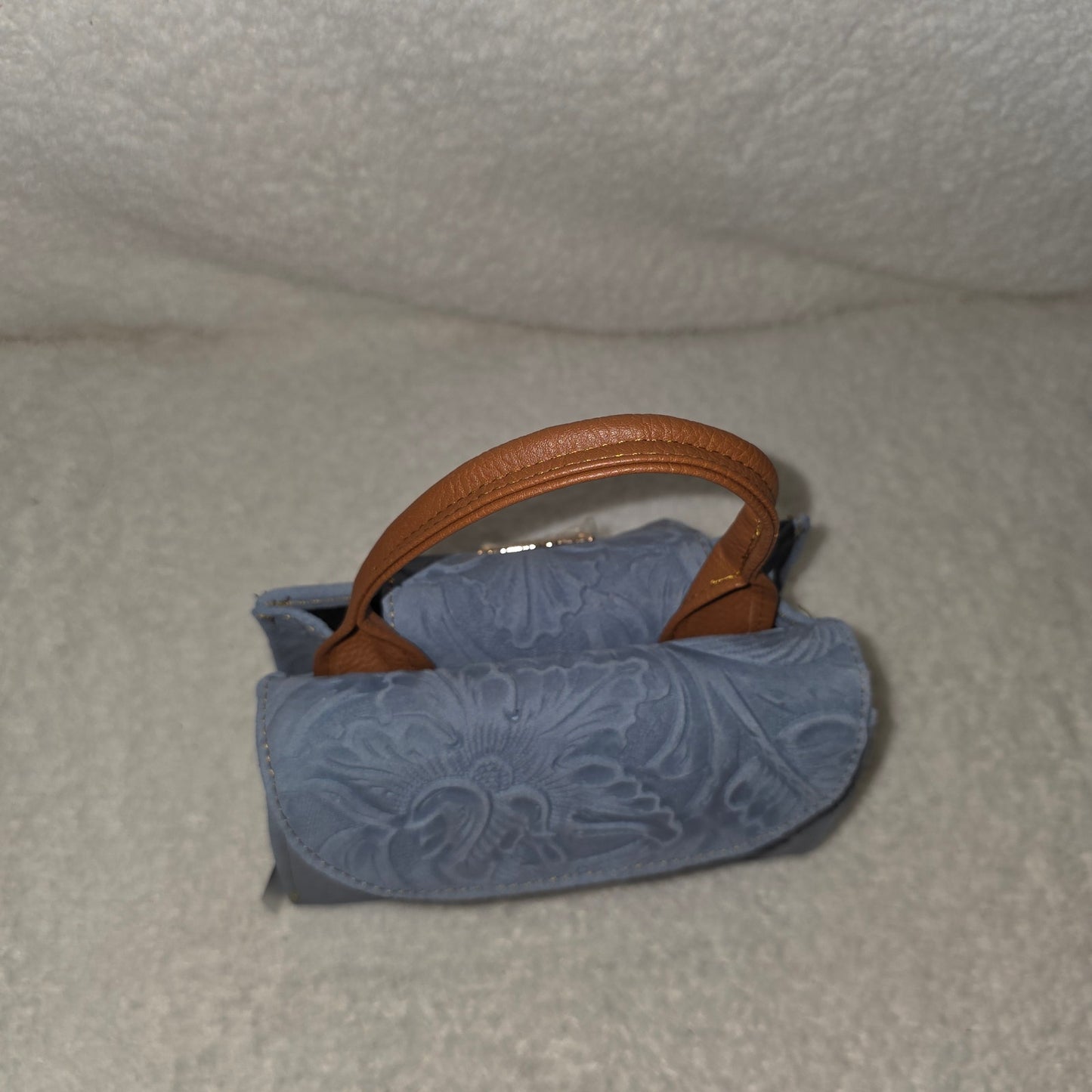 Light Blue Floral Embossed Leather Mini Bag with Detachable Strap