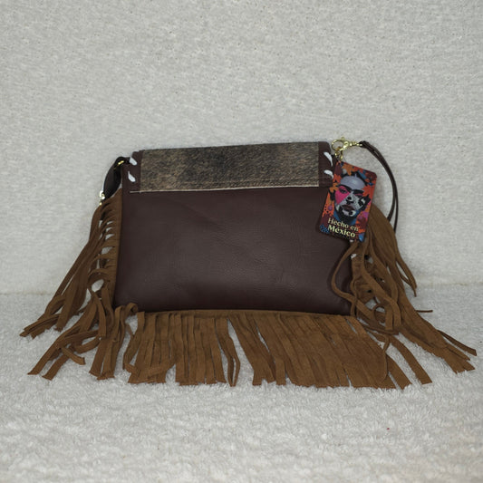 Handcrafted Mexican Floral Embossed Tooled Leather & Cowhide Fringe Crossbody Bag