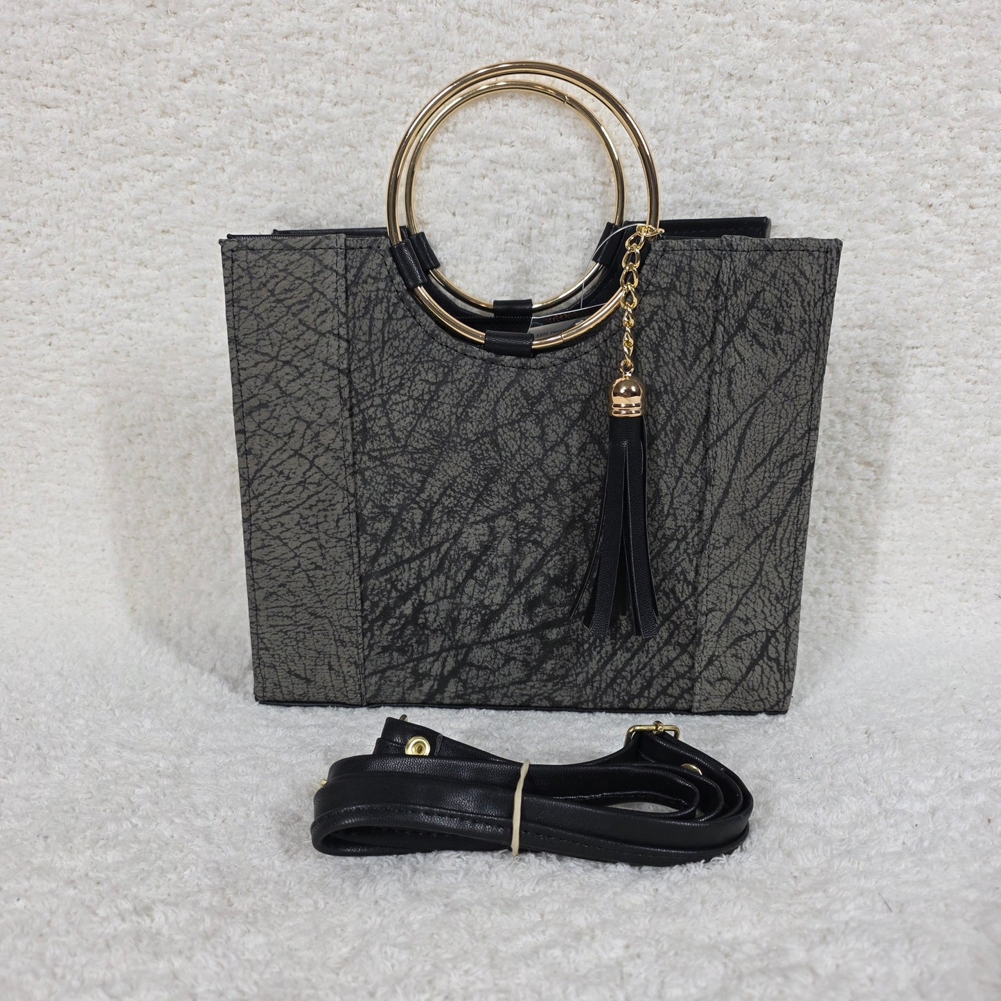 Handcrafted Mexican Distressed Gray Leather Handbag with Gold-Tone Ring Handles