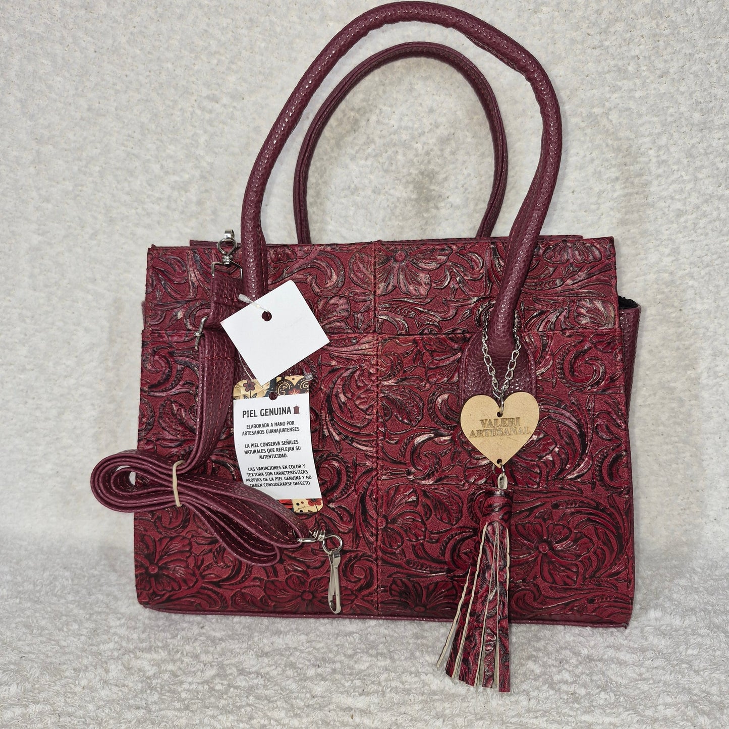Handcrafted Mexican Burgundy Red Floral Embossed Leather Tote