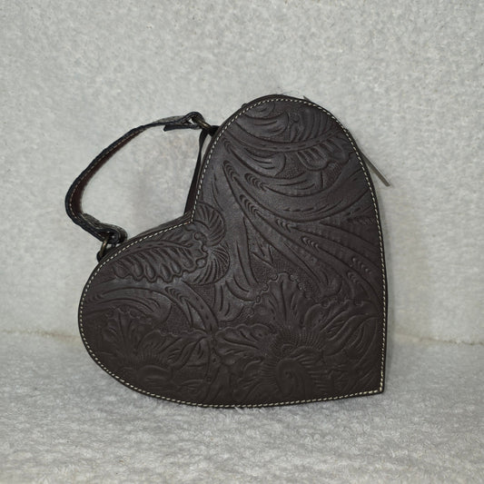 Handcrafted Mexican Tooled Brown Leather Heart-Shaped Crossbody Bag
