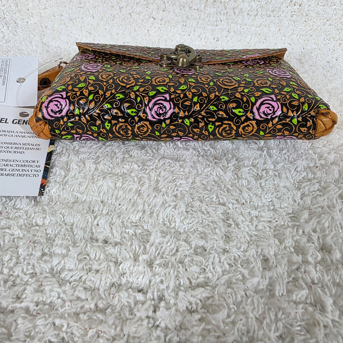 Mexican Hand-Tooled Leather Roses Black and Honey Brown Clutch Wristlet Bag