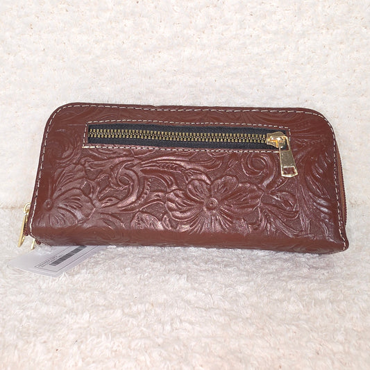 Brown Floral Embossed Leather Double Zip Wallet